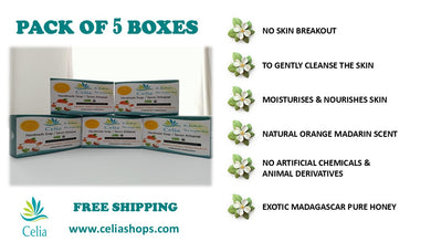 Celia Natural Soap - Gentle, Mild, Moisturising - Mandarine Juice with Madagascar Honey (Pack of 5 soaps)
