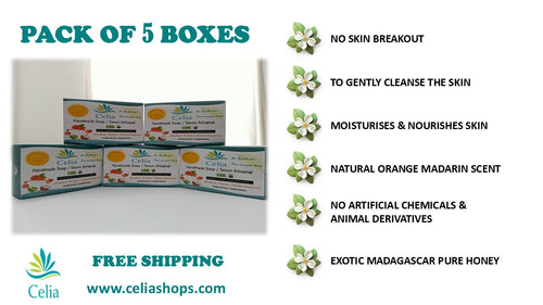 Celia Natural Soap - Gentle, Mild, Moisturising - Mandarine Juice with Madagascar Honey (Pack of 5 soaps)